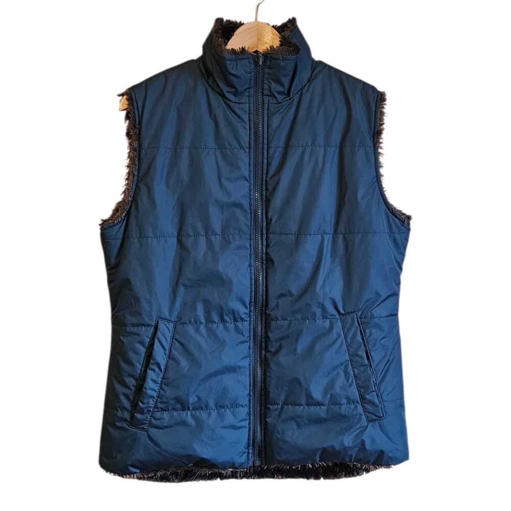 Sporto Reversible Faux Fur Vest Blue & Gray Plush Zip Front Women’s Small